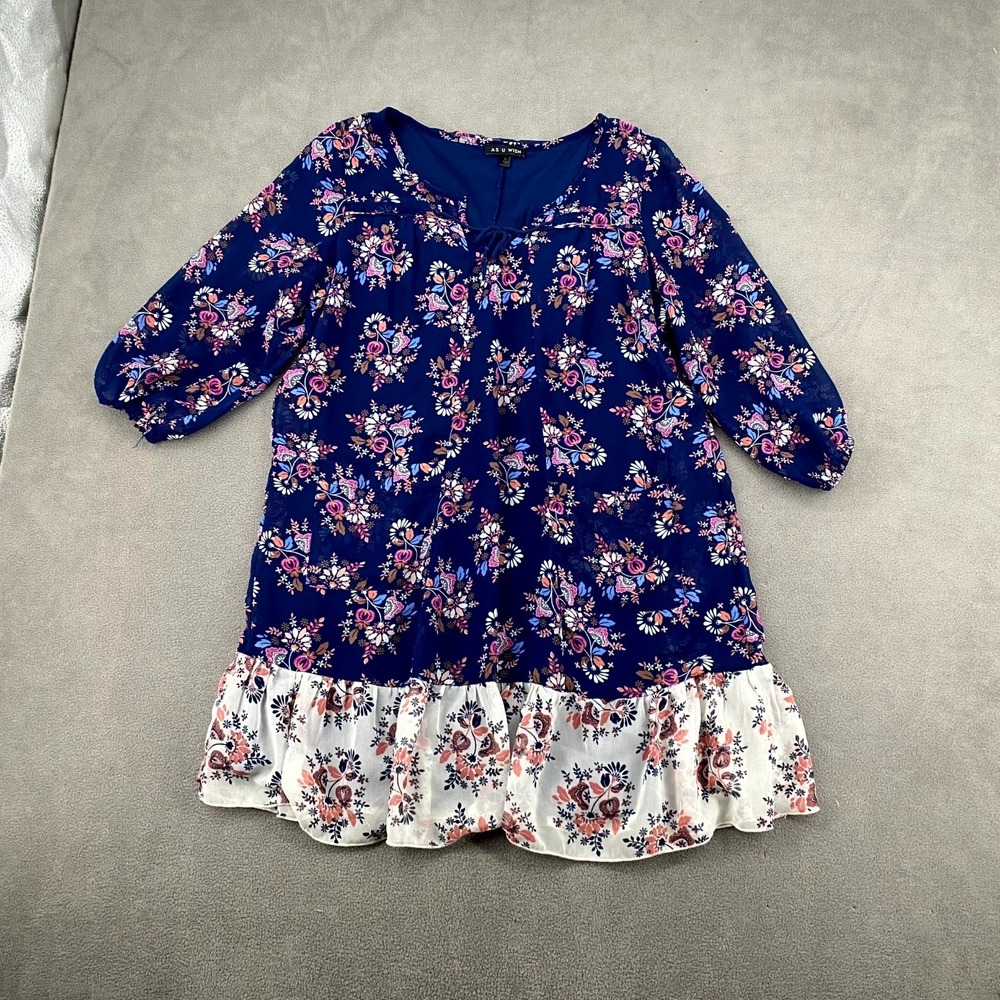 As U Wish Tunic Dress Womens Large Blue White Floral Ruffle Hemline Puff Sleeve